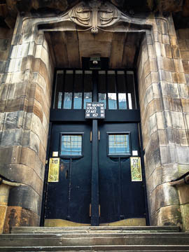 Front door to the Mackintosh-designed Glasgow School of Art, Glasgow, Scotland