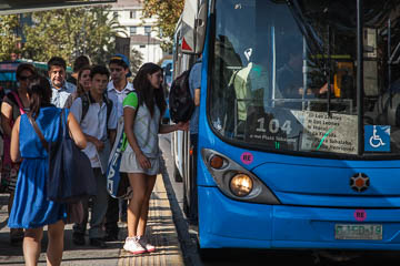 On the bus, rush hour, Santiago, Chile